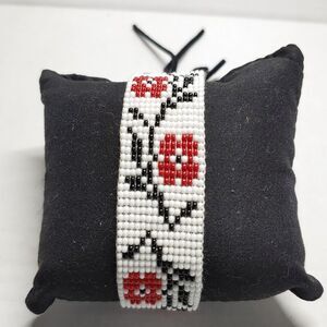 Loomed Beaded Bracelet White w/ Red Flowers